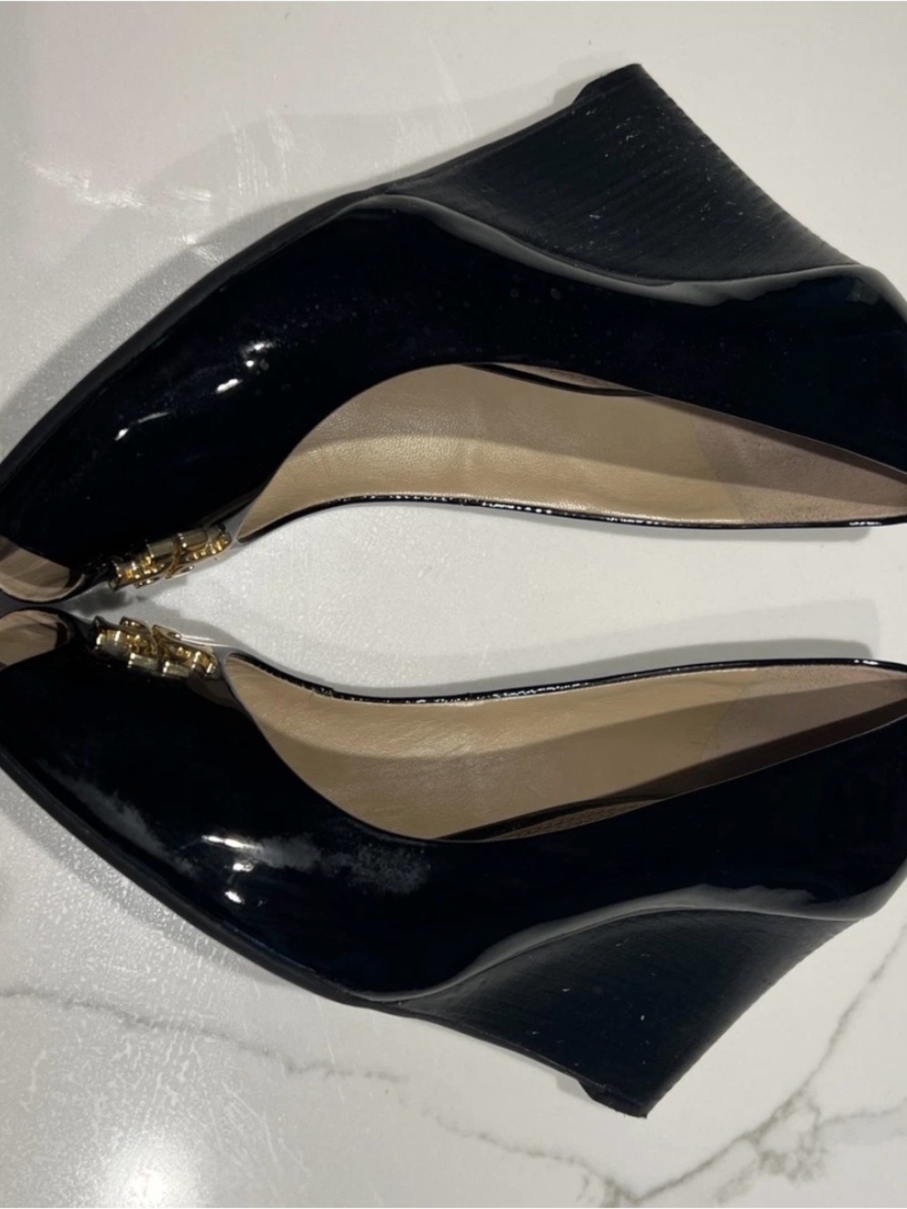 Tory Burch Black Patent Leather Peep-Toe Wedge with Gold Logo - Picture 11 of 15